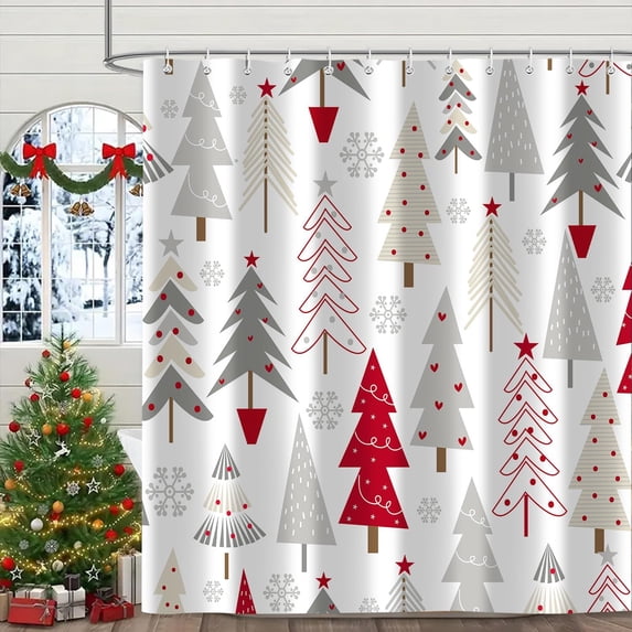 Winter Christmas Tree Shower Curtain Set, Xmas New Year Holiday Grey Snowflake Shower Curtains for Bathroom Decor Washable Fabric Polyester Waterproof with 12 Hooks, 72x72 Inch