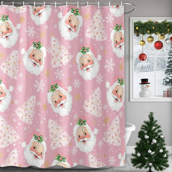 Shower Curtains Sets for Bathroom Decor Winter Christmas Tree Snowflake Waterproof Bathroom Curtain with Hooks, Pink Santa Claus for Bathroom Decor,72x72IN