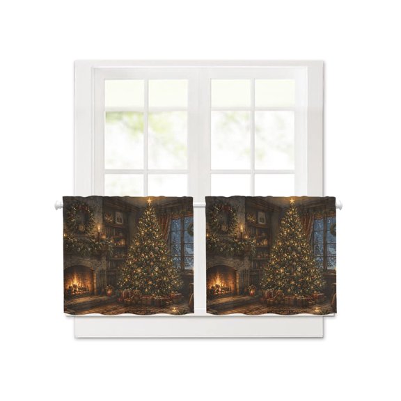 Winter Christmas Tree Stone Fireplace Short Blackout Curtains,Rustic Wreath Gifts Rod Pocket Kitchen Curtains,2 Panels Thermal Insulated Room Darkening Drapes for Bedroom,30"Wx30"L