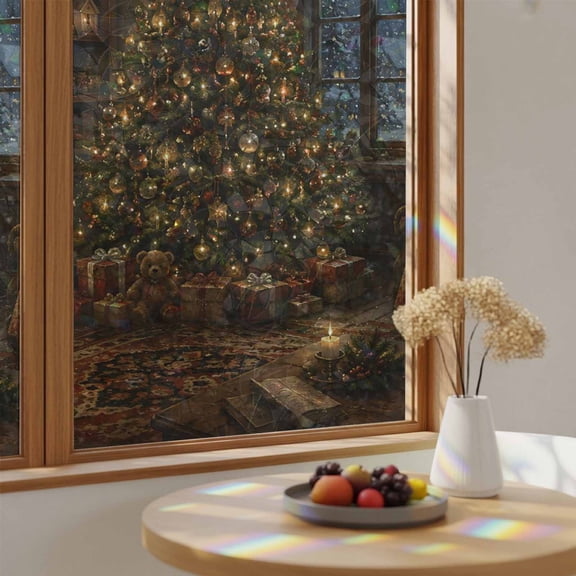 Winter Christmas Tree Stone Fireplace Window Privacy Film,Heat Control Sun Blocking Static Cling Rainbow Film,Rustic Wreath Gifts Non-Adhesive Glass Sticker Door Window Tint,17.7" x 39.3"