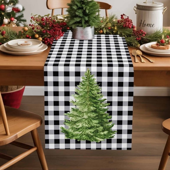 Winter Christmas Tree Table Runner 13x48in Non-Slip Cotton Linen Table Runners, Black And White Plaid Dresser Scarves TableRunner for Dinner Kitchen Dining Wedding Party