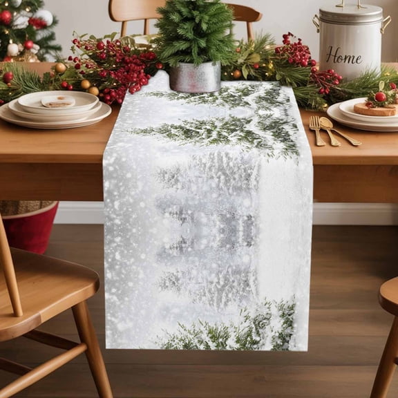 Winter Christmas Tree Table Runner 13x60in Non-Slip Cotton Linen Table Runners, Snowy Season Snowflakes Dresser Scarves TableRunner for Dinner Kitchen Dining Wedding Party