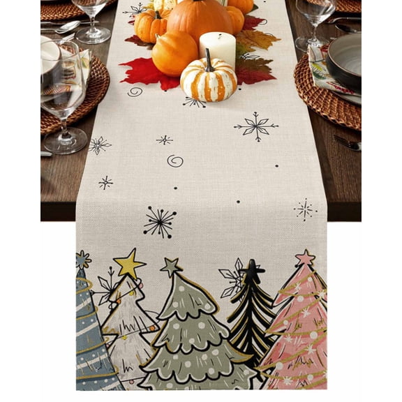 Winter Christmas Tree Table Runner-Cotton Linen- 120 Inch Holiday Dresser Scarves, Retro Snowflakes Cartoon Polka Dots Tablerunner for Kitchen Coffee/Dining Living Room Dinner Scarf Décor 13x120
