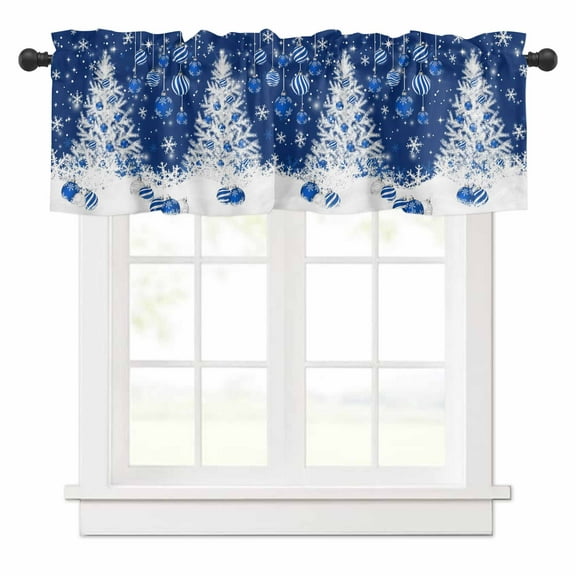 Winter Christmas Tree Valances for Windows Blue Christmas Ball Snowflake Rod Pocket Curtain Valance Window Treatment Short Curtains for Kitchen Living Room, 60"x18"