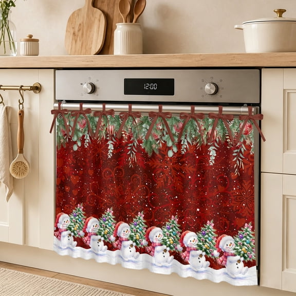Winter Christmas Trees Snowman Oven Skirt Curtain Farmhouse Kitchen Decor 30x21.5in, Pine Leaves Red Snowflake Cabinet Curtain with 8 Tie Top,Waterproof Oil-Proof Dishwasher Stove Door Cover