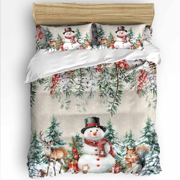 Winter Christmas Twin Size Comforter Set, Snowman Berries Squirrel Elk Tree Linen Soft Bedding for All Seasons, 4 Pcs Bed Set with 1 Comforter (68"x86") ,1Sheet(66"x116"), 2 Pillowcases (19"x29")
