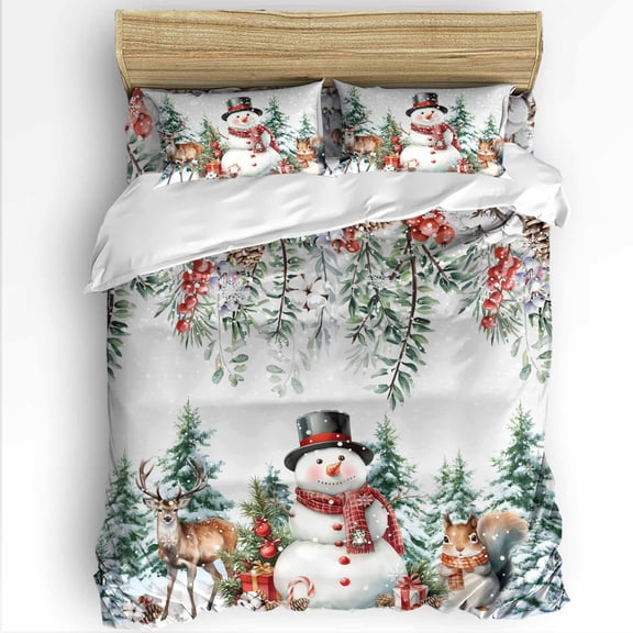 Winter Christmas Twin Size Comforter Set, Snowman Berries Squirrel Elk Tree Soft Bedding for All Seasons, 4 Pcs Bed Set with 1 Comforter (68"x86") ,1Sheet(66"x116"), 2 Pillowcases (19"x29")