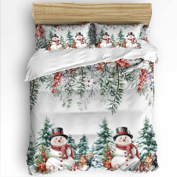Winter Christmas Twin Size Comforter Set, Snowman Berries Squirrel Tree Pine Cones Soft Bedding for All Seasons, 4 Pcs Bed Set with 1 Comforter (68"x86") ,1Sheet(66"x116"), 2 Pillowcases (19"x29")