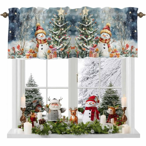 Winter Christmas Valances for Windows, 42 x 18in, Tree Snowman Snowflake Stars Rod Pocket Kitchen Valance Curtain Light Filtering Window Treatments for Living Room Bedroom, 1 Panel