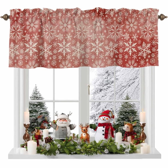 Winter Christmas Valances for Windows, 42 x 18in, Watercolor White Snowflake Red Painted Rod Pocket Kitchen Valance Curtain Light Filtering Window Treatments for Living Room Bedroom, 1 Panel