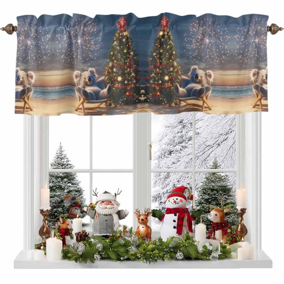 Winter Christmas Valances for Windows, 54 x 18in, Night Koala Xmas Tree Beach Rod Pocket Kitchen Valance Curtain Light Filtering Window Treatments for Living Room Bedroom, 1 Panel