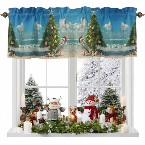 Winter Christmas Valances for Windows, 54 x 18in, Xmas Tree Pelican Seashell Ocean Beach Rod Pocket Kitchen Valance Curtain Light Filtering Window Treatments for Living Room Bedroom, 1 Panel