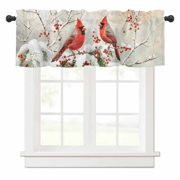 Winter Christmas Valances for Windows Cardinal Bird Red Berry Pine Leaves Rod Pocket Curtain Valance Window Treatment Short Curtains for Kitchen Living Room, 60"x18"