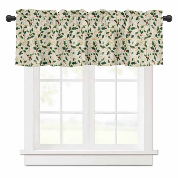 Winter Christmas Valances for Windows Holly Berry Plants Leaves Linen Grain Rod Pocket Curtain Valance Window Treatment Short Curtains for Kitchen Living Room, 42"x12"