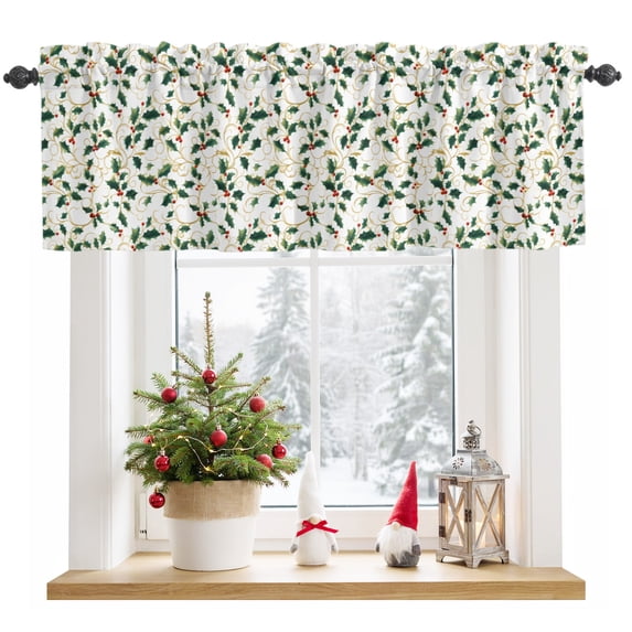 Winter Christmas Valances for Windows Holly Berry Plants Leaves Rod ...