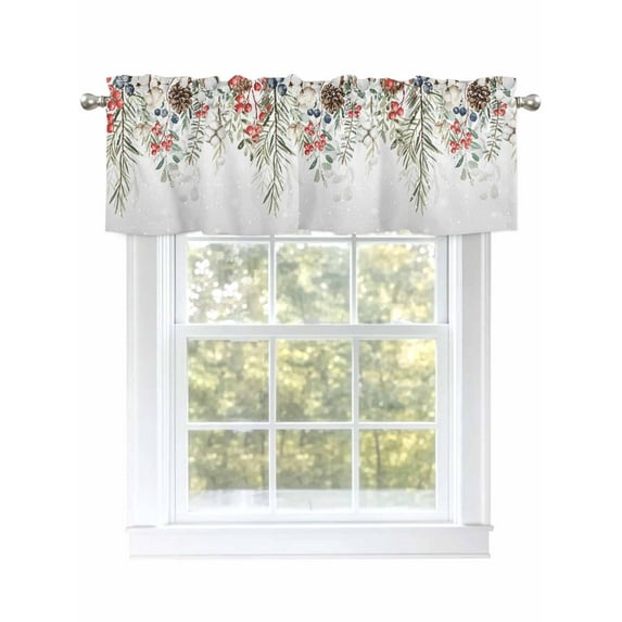 Winter Christmas Valances for Windows Pine Leaves Berries Hazelnuts Cotton Gray Kitchen Valance Curtain Rod Pocket Small Curtains for Cafe Bathroom Laundry Basement 60" x 18"