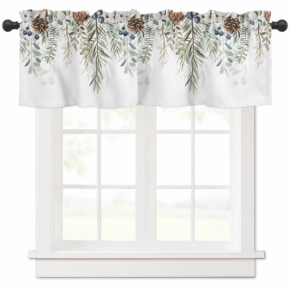 Winter Christmas Valances for Windows, Pine Leaves Blue Berry Hazelnut Cotton Light Filtering Window Treatment Valances, Rod Pocket Small Curtains for Kitchen/Bathroom, 60"x14"