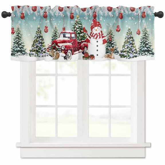 Winter Christmas Valances for Windows, Snowman Truck Christmas Ball Tree Aurora Light Filtering Window Treatment Valances, Rod Pocket Small Curtains for Kitchen/Bathroom, 56"x16"