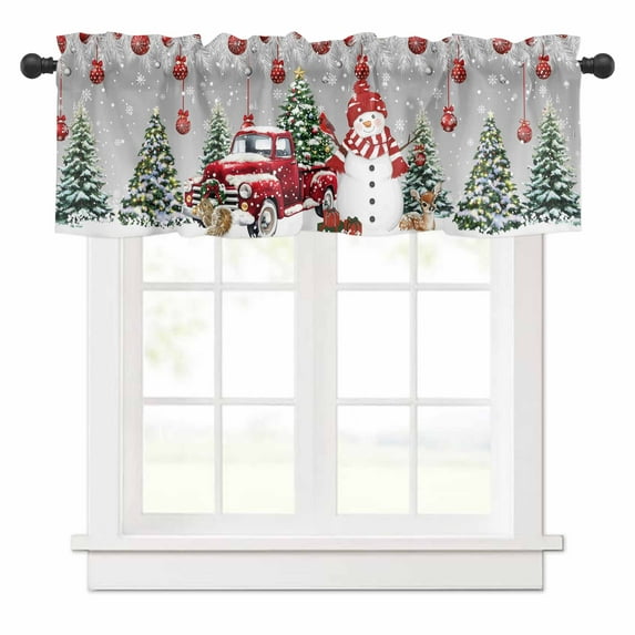 Winter Christmas Valances for Windows Snowman Truck Christmas Ball Tree Gray Rod Pocket Curtain Valance Window Treatment Short Curtains for Kitchen Living Room, 60"x14"