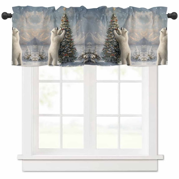 Winter Christmas Valances for Windows, Tree Polar Bear Snowy Scene Light Filtering Window Treatment Valances, Rod Pocket Small Curtains for Kitchen/Bathroom, 54"x18"
