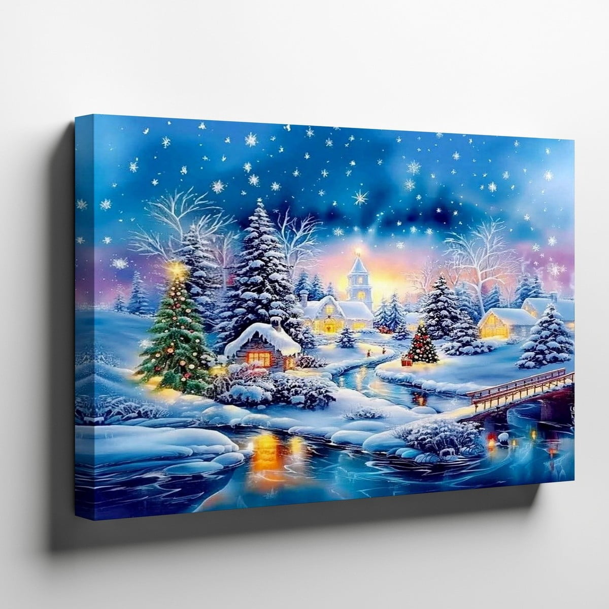 Winter Christmas Village Snowy Trees River Night Scene Wall Art Print ...