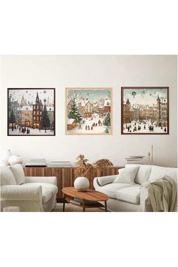 Winter Christmas Village Wall Art Set of 3 Vintage Snowy Town Prints, Holiday Wall Decor, Cozy Winter Scene Artwork, Festive Christmas Wall Pictures, Rustic Home Decor, Seasonal Wall Prints.