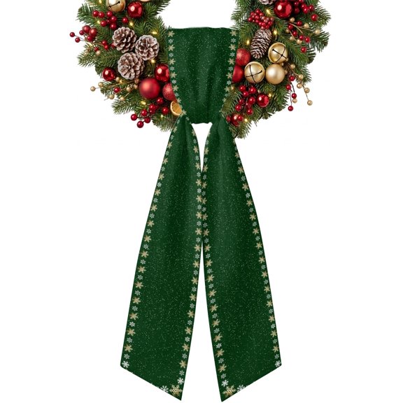 Winter Christmas Wreath Sash for Front Door White Gold Snowflake Star Border Green Background Ribbon Sash, Winter Holiday Wreath Accessories for Yard Porch Doorway Decor , 4.9 x 56 Inches