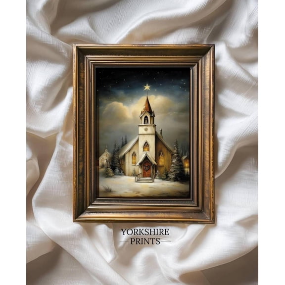 Winter Church At Night, Vintage Winter, Peaceful Wall Art Home Decor #3535, 12x18 UNFRAMED