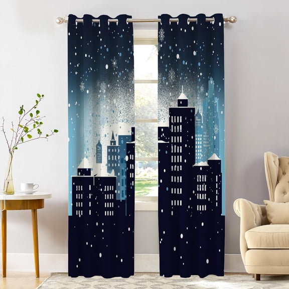 Winter City Silhouette Blackout Window Curtains, Urban Falling Snowflakes Thermal Insulated Curtains Grommet Top Window Drapes for Living Room, Bedroom 26"W x 45"L (Pack of 2)