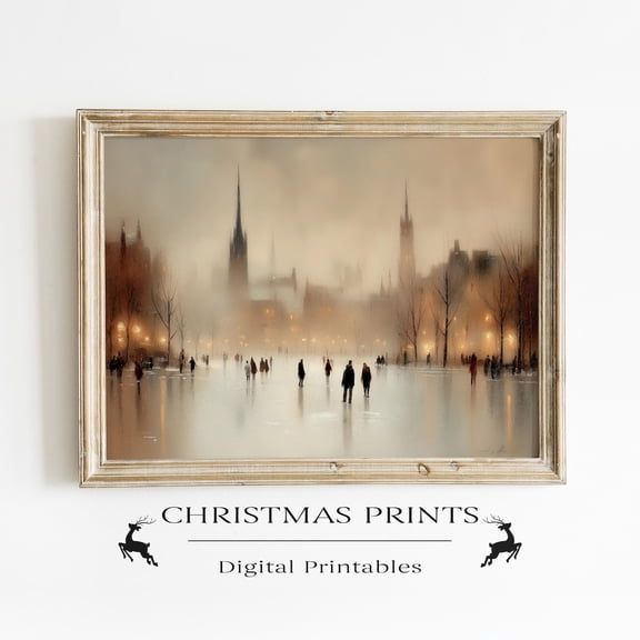 Winter Cityscape Poster Wall Art, Urban Landscape Illustration Festive Rustic Decor Warm Present Vintage UNFRAMED Poster Size 8x12