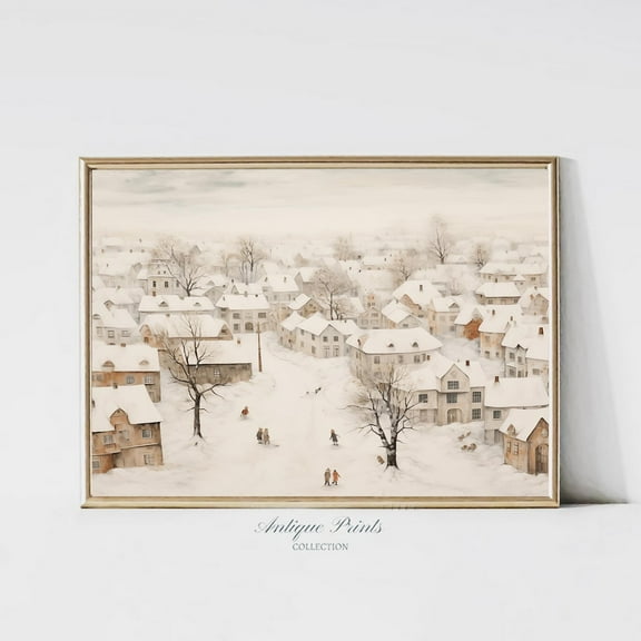 Winter Cityscape Wall Art, Vintage Winter , Winter Theme Art, Farmhouse Decor, Rustic Snowy Landscape Poster,, Stretched Canvas Size 8x12