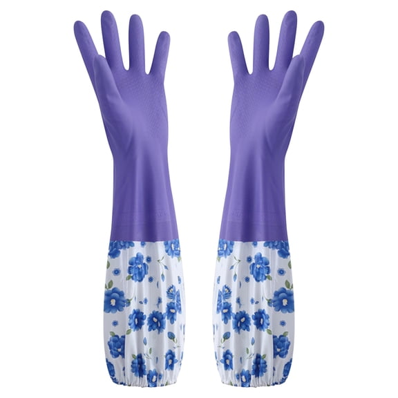 Winter Cleaning Gloves (18") - Thermal Rubber Dishwashing & Gardening Gloves | Extended Cuff Protection | Pet & RV Safe | Non-Slip Grip | Purple Floral Design