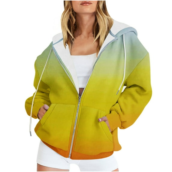 Winter Clearance 2024 Olyvenn Women Gradient Color Long Sleeve Zip Up Fuzzy Fleece Hoodie Sweatshirt Outwear Jacket with Pockets Yellow 6