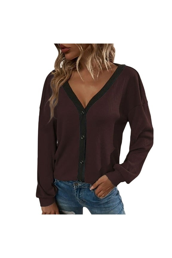 Winter Trendy Olyvenn Women's V-Neck Long Sleeve Button Down Ribbed Knitted Cardigan Sweater Tops Contrast Color Slim Fit Basic Outwear Brown 4