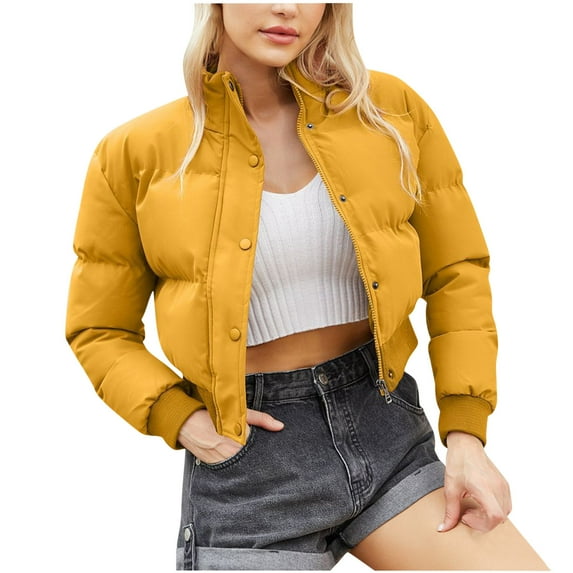 Winter Trendy Olyvenn Women's Winter Bubble Coat Stand Collar Long Sleeve Snap Up Crop Puffer Jacket Warm Down Coats Yellow 10