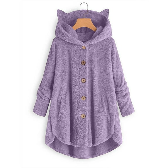 Winter Brilliant Fleece Jackets for Women without Hood Fashion Women's Button V-Neck Pullover Tops Long Sleeve Hooded Blouse Ciat Purple XXXXXL