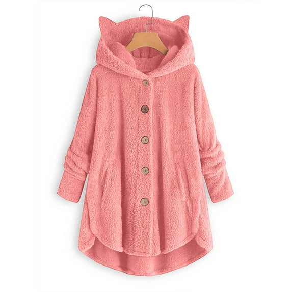 Winter Clearance!Brilliant Fleece Jackets for Women without Hood Fashion Women's Button V-Neck Pullover Tops Long Sleeve Hooded Blouse Ciat Pink XXXL