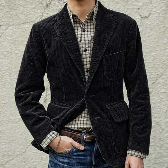 Winter!Brilliant Fleece Parka Men Men's England Style Solid Color Casual Corduroy Breasted Suit Jackets Black XXL