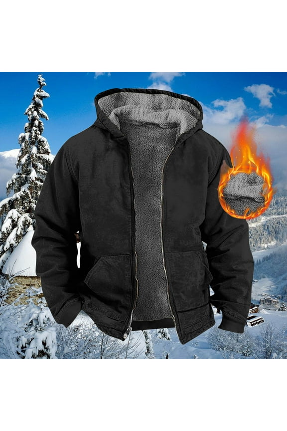 Winter!Brilliant Jackets for Men Puff Men's Winter Long Sleeved Cardigan Pockets Warm Plush Hooded Jacket Fleece Sweater Coat Heavy Weight Black L