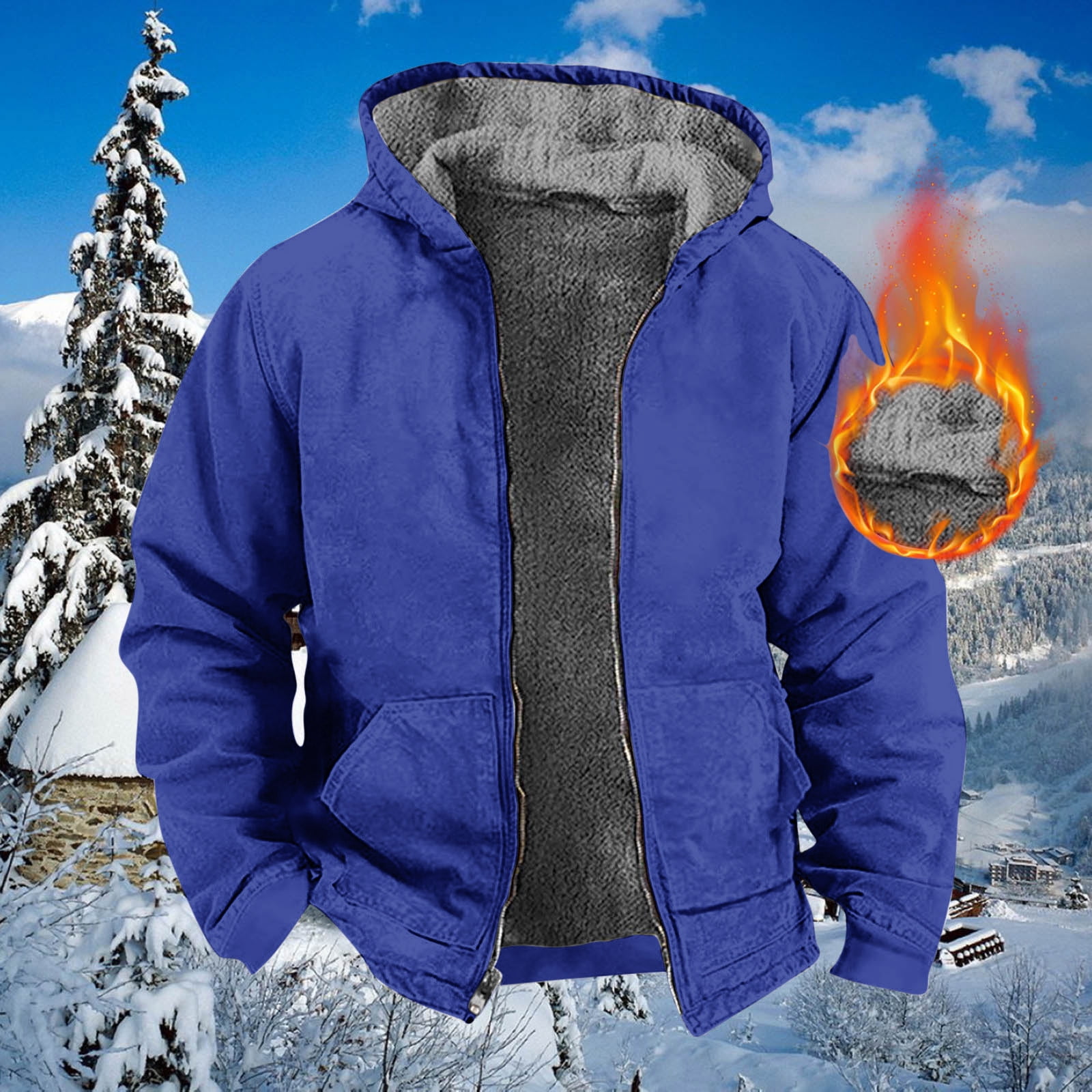 Winter!Brilliant Jackets for Men Puff Men's Winter Long Sleeved Cardigan Pockets Warm Plush Hooded Jacket Fleece Sweater Coat Heavy Weight Blue XXXXXL