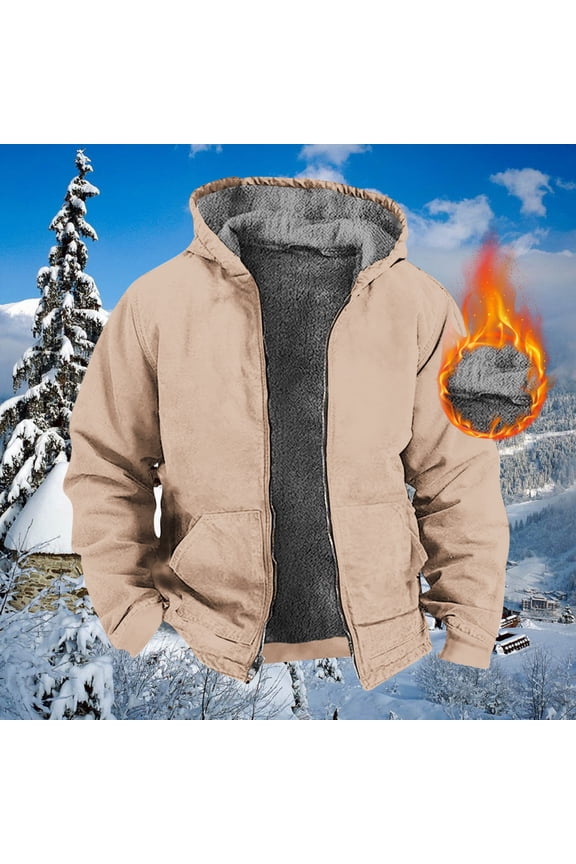 Winter!Brilliant Jackets for Men Puff Men's Winter Long Sleeved Cardigan Pockets Warm Plush Hooded Jacket Fleece Sweater Coat Heavy Weight Brown L