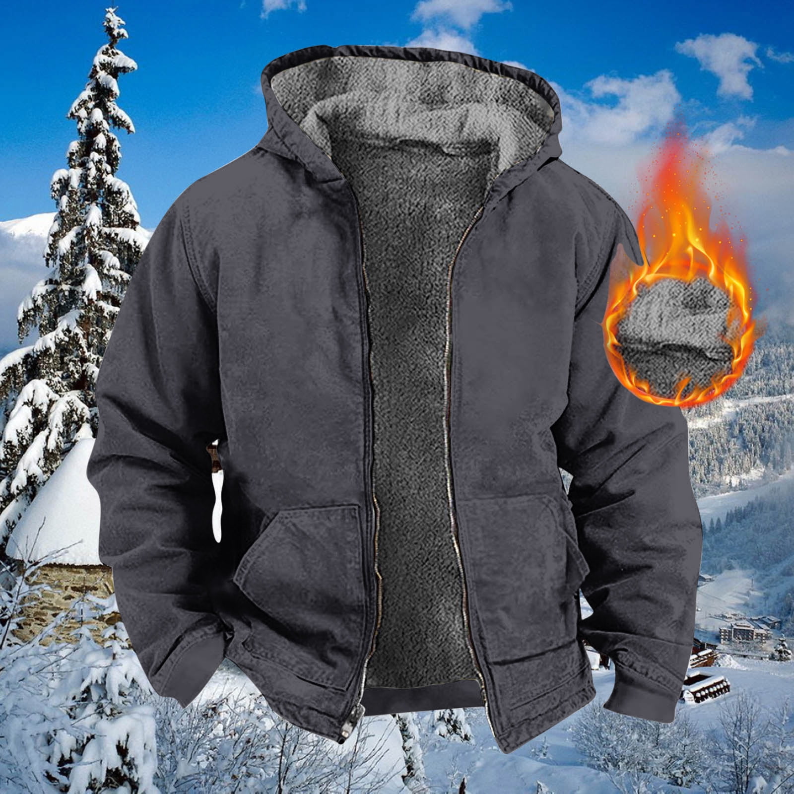 Winter!Brilliant Jackets for Men Puff Men's Winter Long Sleeved Cardigan Pockets Warm Plush Hooded Jacket Fleece Sweater Coat Heavy Weight Gray L