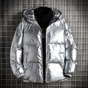 Winter!Brilliant Puffer Jacket Men with Hood Shiny Hooded Reflective Down Jacket Cotton Jacket White L