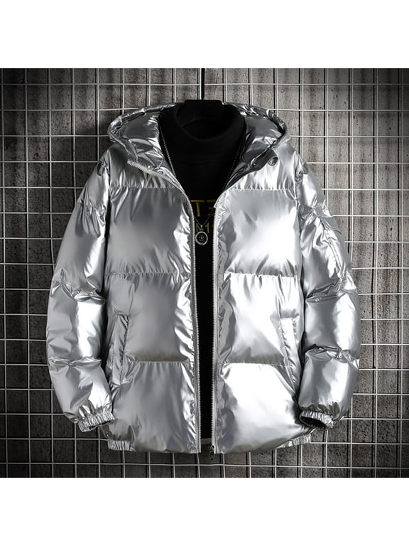 Winter!Brilliant Puffer Jacket Men with Hood Shiny Hooded Reflective Down Jacket Cotton Jacket White L