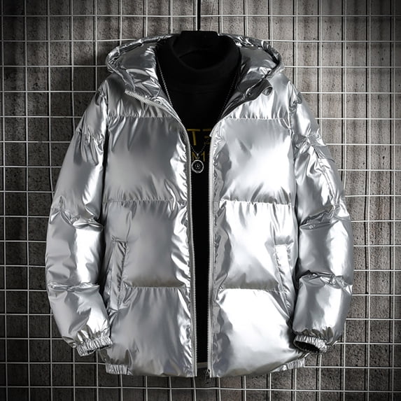 Winter Clearance!Brilliant Puffer Jacket Men with Hood Shiny Hooded Reflective Down Jacket Cotton Jacket White XXL