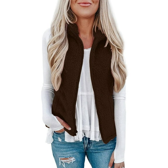 Winter Clearance!Brilliant Women Winter Warm Jacket Stand Collar Casual Sleeveless Zip Up Versatile Top Polar Fleece Coats Brown XL