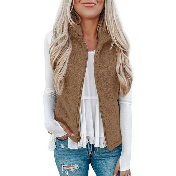 Winter Clearance!Brilliant Women Winter Warm Jacket Stand Collar Casual Sleeveless Zip Up Versatile Top Polar Fleece Coats Brown XXXL