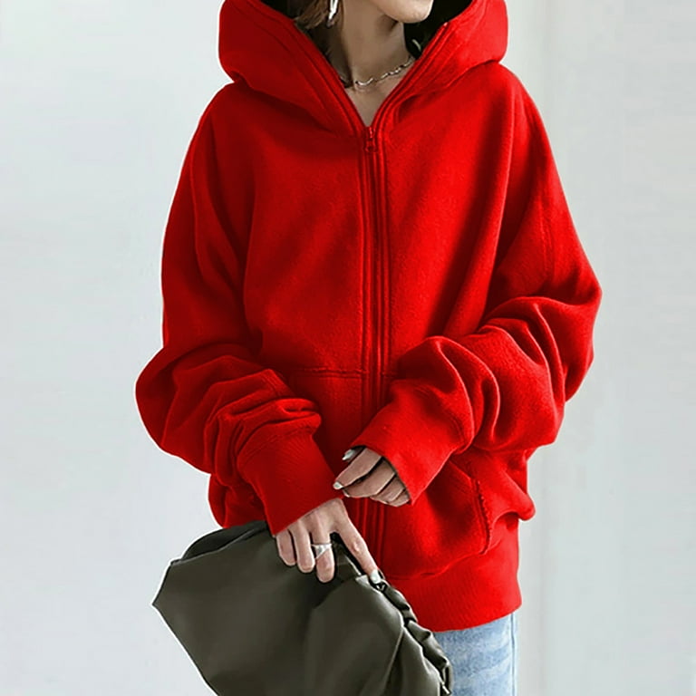 Winter Clearance Brilliant Women s Plus Size Sweatshirts Solid Color Hoodie Zipper Long Sleeve Long Coat Tops with Pockets Red XXL