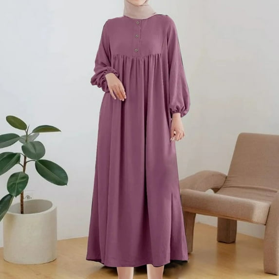 Winter Deals!Fall Wedding Guest Dresses,Women's Fashion Summer Loose Long Sleeve Round Neck Solid Color Ankle-Length Dress Purple 5Xl