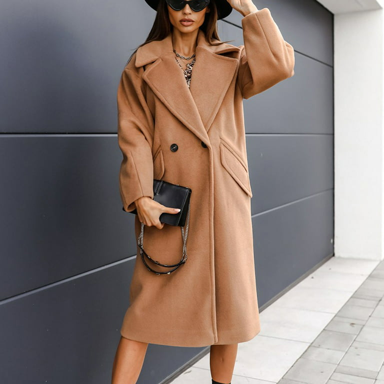 Winter Clearance Deals Feltree Womens Winter Coats Solid Lapel Woolen  Button Up Pocketed Long Sleeve Breasted Trench Coat Long Outwear Jackets  for Women Khaki XXL 